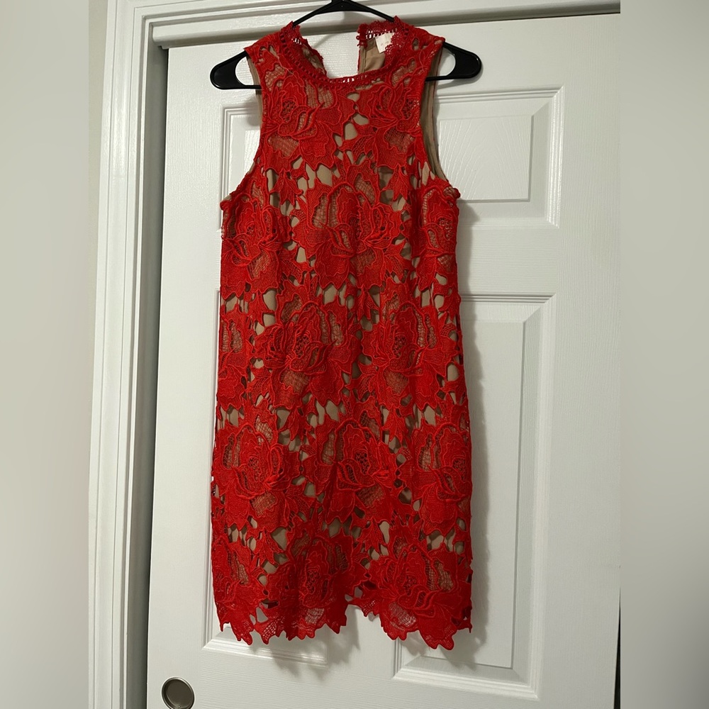 Red and tan lace dress